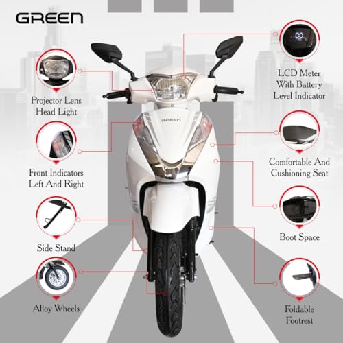 Image of Green Elaan Low Speed Electric Scooter Non RTO 60KM Range with Portable Charger (White)