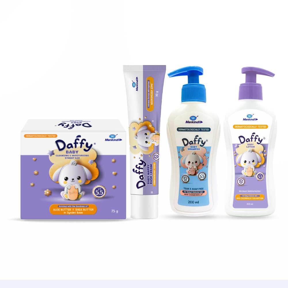 Daffy Baby Care Set: Shampoo (200ml), Moisturizing Lotion (200ml), Nappy Rash Cream (30g) & Syndet Soap (75g) | pH 5.5 Paediatrician Tested Kit with Calendula & Aloe-picture-20