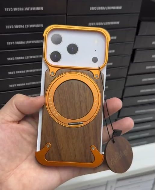 Coque iPhone 17 Pro Max protège les chocs avec bois alu orange