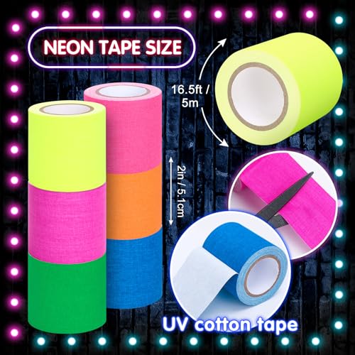 Image of Whaline 6 Colors Neon Gaffer Cloth Tape Fluorescent Rainbow Color UV Blacklight Glow in The Dark Tapes Neon Duct Reflective Tapes for Party Supplies (2 Inch x 16.5 Ft)