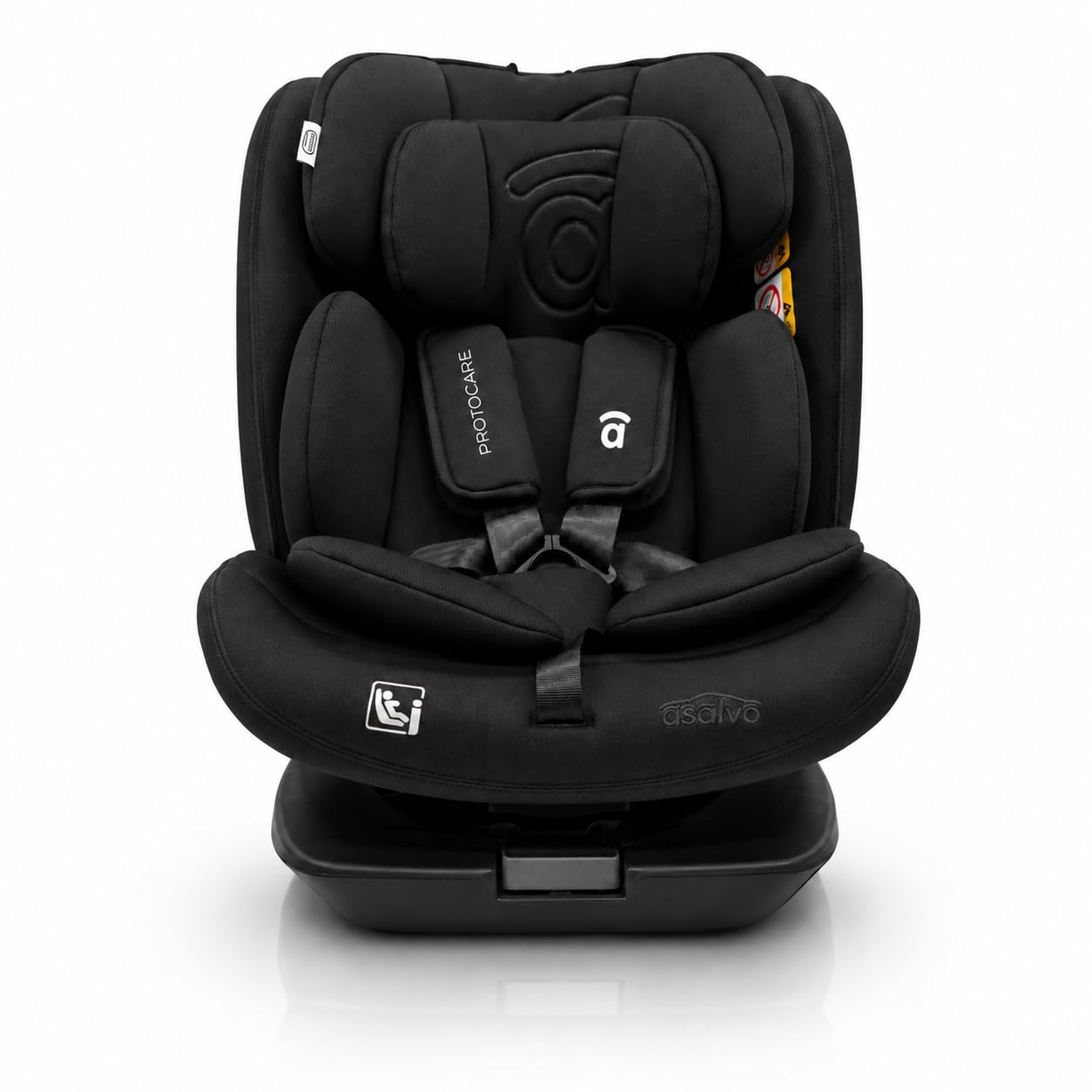 Silla de coche i-Size giratoria 360° con Isofix desde recién nacido hasta 150 cm – Contramarcha hasta 105 cm – Arnés 5 puntos, cojín reductor y funda lavable – Asalvo Protocare Negro