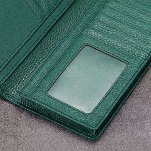 Image of HISCOW Bifold Long Wallet with 15 Credit Card Slots - Italian Calfskin, Pebbled Green, 6.97 inchH x 3.5 inchW x 0.98 inchD, Italian Style