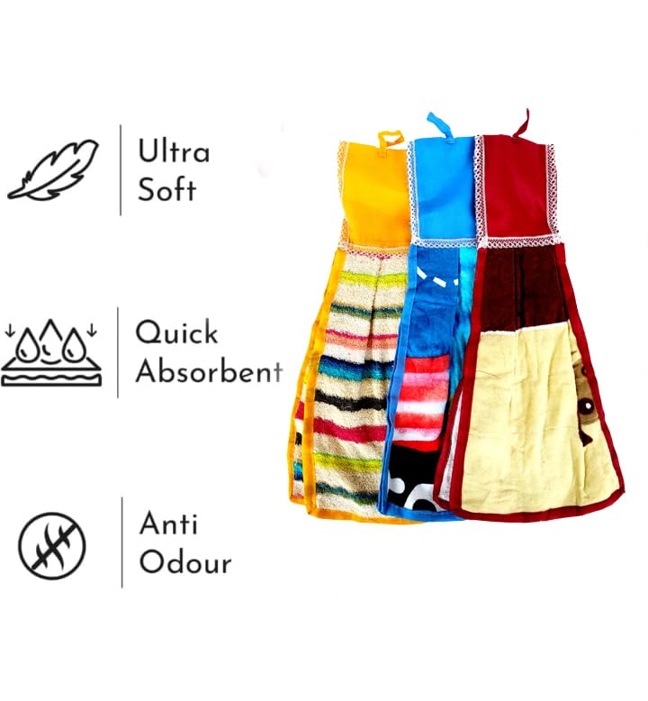Image of Space Fly 500 GSM Multicolor Cotton Kitchen Hanging Towels - 25x45 CM | Soft & Absorbent Hand Towels with Loop Hook for Bathroom & Kitchen Use | Quick-Dry, Washable Dish Towel (Set of 3)
