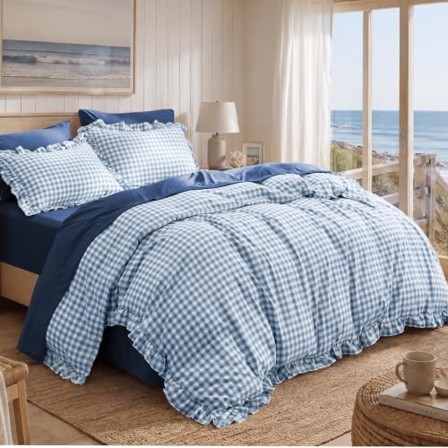 Image of Bedsure Gingham Ruffle Duvet Cover Set, Queen Cotton-Like Quilt Cover, Blue
