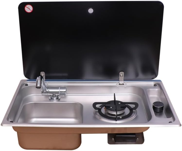 Gas Stove Sink Combination With Cover, One-Piece Stainless Steel Universal Outdoor Gas Stove for Boat Caravan RV Camper