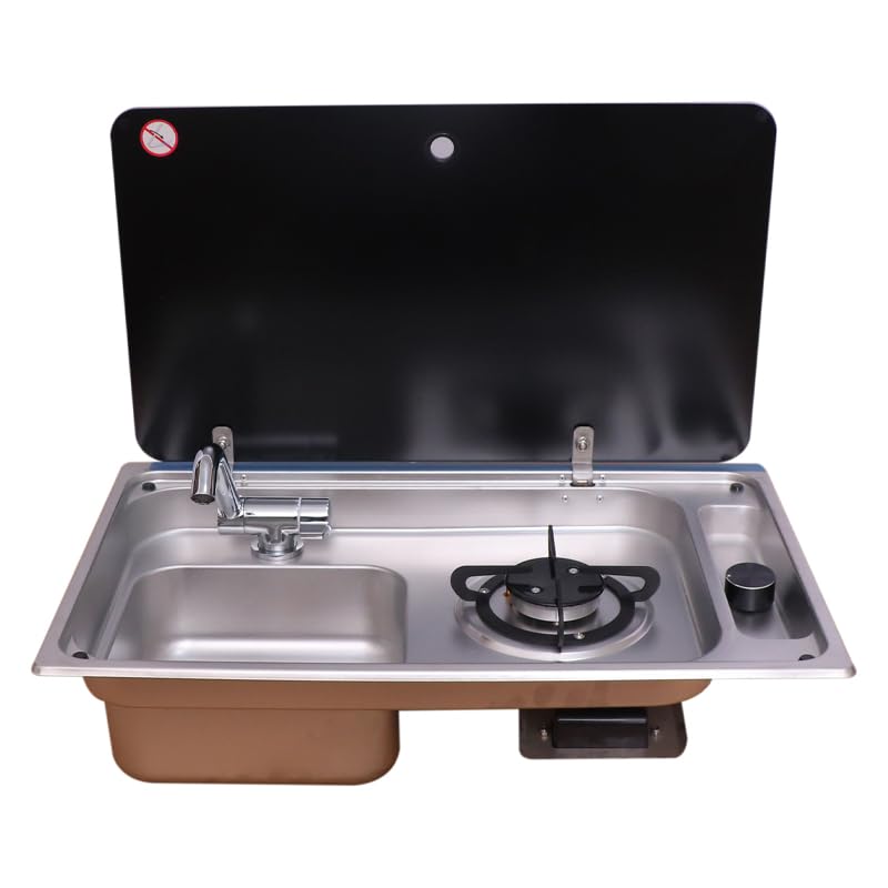 Combinación de cocina de gas con tapa de acero inoxidable universal para exteriores, barco, caravana, autocaravana