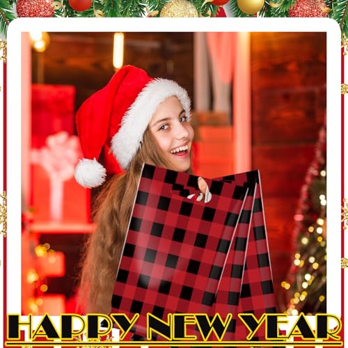 Honoson 500 Pcs Christmas Plastic Gift Bags Bulk Christmas Merchandise Buffalo Plaid Goodie Candy Bags with Handle 8" x 12'' for Boutique Xmas Party Favor Decor by Honoson - Image 2
