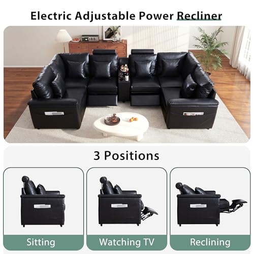 Image of RARZOE Faux Leather Sectional Sofa with 2 Power Recliner, U Shaped PU Leather Couch with Storage Console Charging Cup Holders, 6 Seater Oversized Modular Reclining Couches for Living Room,Black