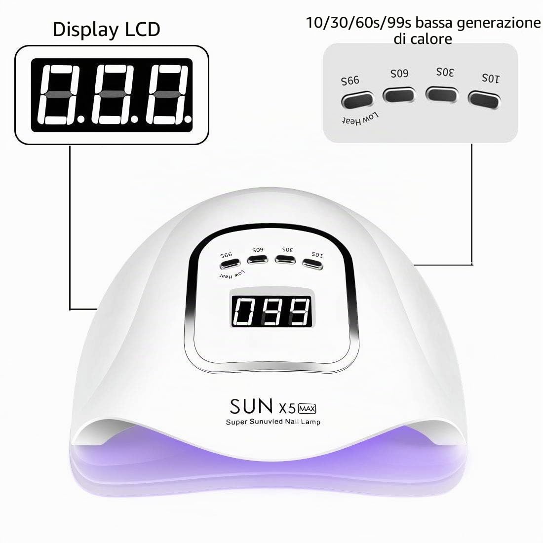 Lampada unghie LED UV da 150 W, lampada UV LED per unghie in gel, con timer 10s/30s/60s/99s, sensore infrarossi, display LCD