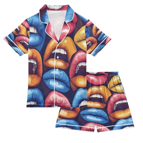 Satin Pajama Sets Short Sleeve Colorful Lips Art Pattern Button Down Silky Nightwear 2 Piece PJS 5-14Y
