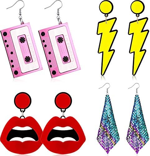 4 Pairs 80s Retro Earrings 1980s Retro Neon Earrings 80s Costume Earrings Exaggerated Earrings for Women Girls (Traditional Style)