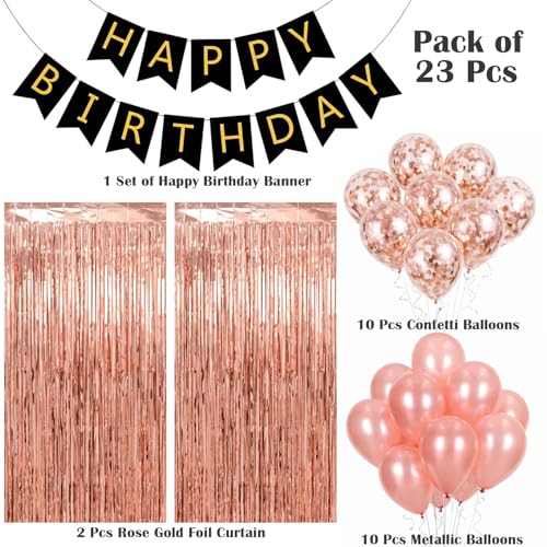 Image of Rozi Decoration Black & Rose Gold Birthday Party Combo Kit | 23-Piece Set with Foil Curtains, Metallic & Confetti Balloons, Happy Birthday Banner | Rubber Latex Balloons