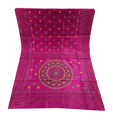 Image of SHRISTI CLOTHINGS Women's Hand Embroidered Cotton Silk Kantha Stitch Saree with Blouse Piece (SB420324 PURPLED16)