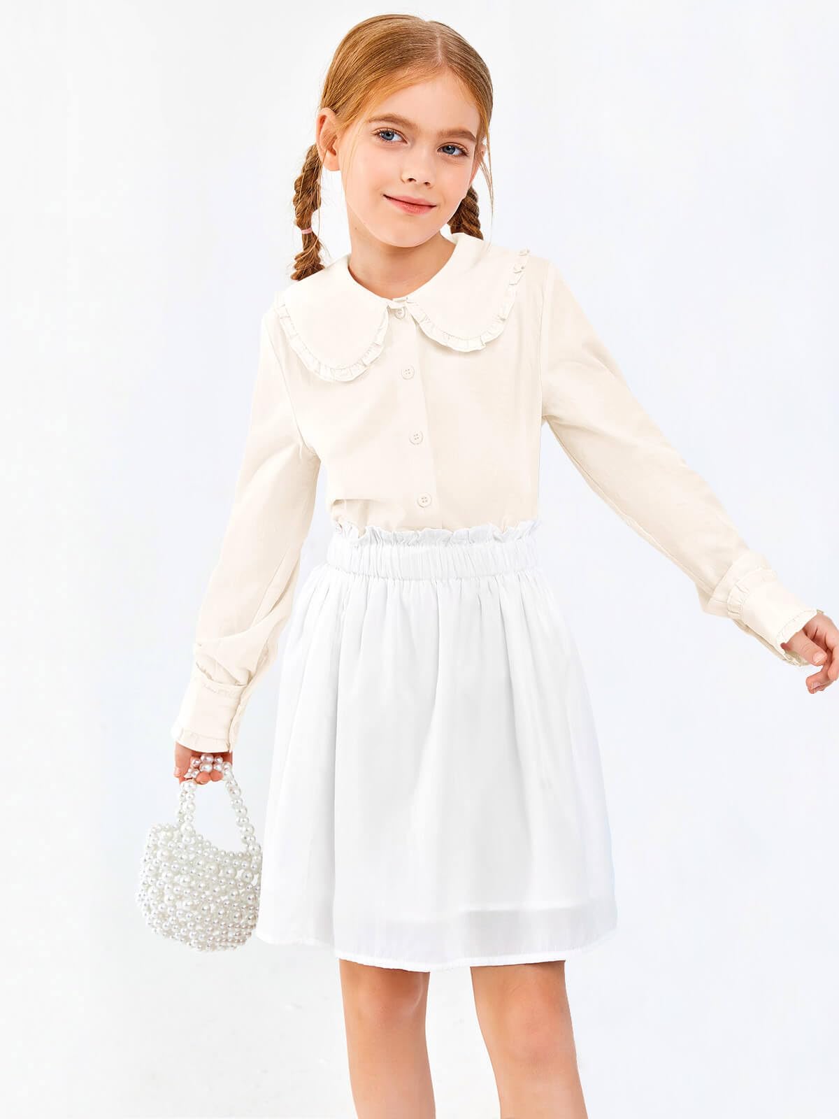 Haloumoning Camisa clásica de manga larga con botones y cuello de muñeca para niñas, blusa suave