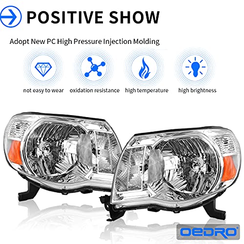 Image of OEDRO Headlight Assembly Compatible with 2005 2006 2007 2008 2009 2010 2011 Tacoma Headlamp with Amber Reflector Clear Lens Chrome Housing