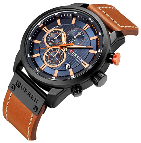 Mens Leather Strap Watches Classic Casual Dress Stainless Steel Waterproof Chronograph Date Analog Quartz Watch (Brown Black)