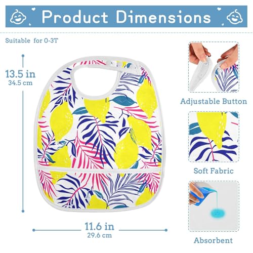 MCHIVER Lemon Palms Leaves White Baby Bibs for Babies Boys Girls Waterproof Feeding Bib Apron with Food Cather Adjustable Cotton Food Eating Bib 2 Pack2