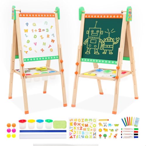 Kinder Spiel-Tafel mit Papierrolle Doppelseitige Whiteboard und Tafel Faltbar Höhenverstellbar Kinder Staffelei mit RoboterMuster, Zahlen und Anderem Zubehör für Kinder