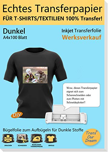 TransOurDream 100 Blatt A4 +10 Silikonpapier, ECHTE Inkjet Transferfolie Transferpapier für Dunkle Textilien für Tintenstrahldrucker für dunkle T-Shirts,Bedruckbare Bügelfolie,transfer paper