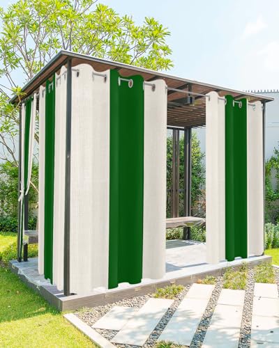 Hokiten Green Striped Outdoor Curtains for Patio, Waterproof Porch Curtain, Farmhouse Green Rustic Burlap Grommet Privacy Drapes Curtains for Cabana, Deck, 1 Panel, 54