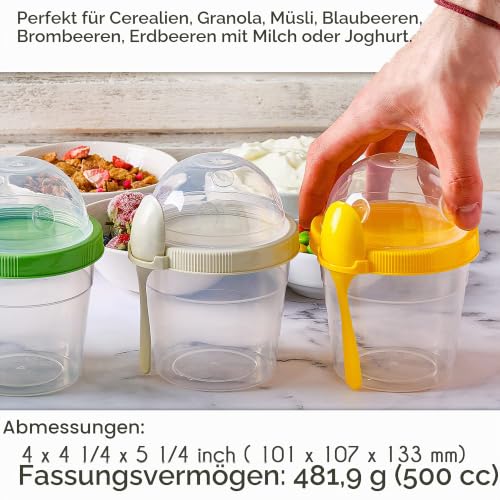 Foto von CRYSTALIA Joghurt Becher to Go mit Deckel Set 4 500ml 100% BPA FREI Müslibecher to Go, Porridge To Go, zum Frühstück, Obstbehälter Müslidosen Yoghurt to Go Becher mit Löffel