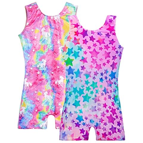 TENVDA 2 Pack Girls Leotards for Gymnastics Size 6-7 Years Old Rainbow Star Colorful Unicorn Hot Pink Team Tumbling Biketard With Shorts for Kids Child Quickly-Dry Cover