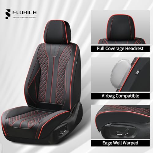 Image of FLORICH Leather Car Seat Covers, Automotive Seat Cover 2 Pack Waterproof Seat Covers for Cars Driver Seat Cover Protectors Universal Fit for Most Cars SUV Trucks Vehicles, Black&Red Line