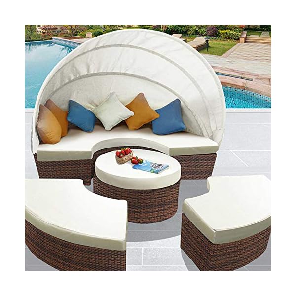 Garden Round Daybed Bed - Poly Rattan Sun Day Sectional Sofa Bed with Table and Canopy - Outdoor Patio Sofa Lounger Set - Modern Sunbed Lounge Furniture - Image 5
