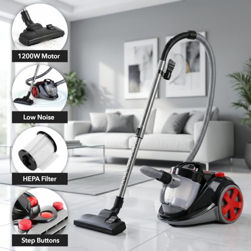 Image of OVENTE Bagless Canister Vacuum Cleaner, 1200W Power Suction, Black ST2000 | 360 Swivel Hose with Telescoping Wand and Automatic Cord Rewind, Lightweight Cleaning Machine for Hard Floors and Carpets