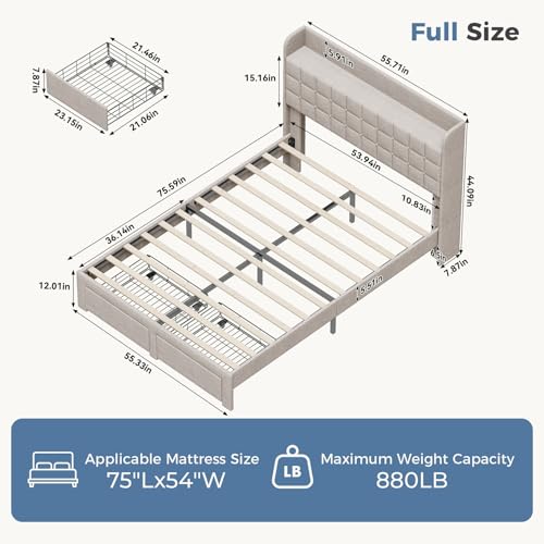 Image of Full Size Storage Bed Frame, Square Tufted Headboard, Platform Bed with 2 Underbed Drawers at Foot, Wooden Slats Support, No Box Spring Needed, Light Gray