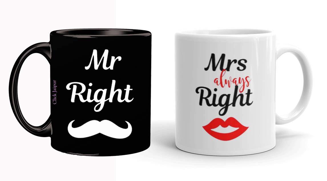 Click Jaipur "Mr.Right & Mrs Always Right" Printed Black & White Ceramic Coffee Tea Mugs for Husband,Wife,Anniversary,Couples,Weeding,Birthday,Set of 2 - 350 ml.
