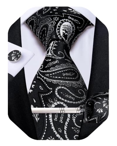 Image of DiBanGu Paisley Ties for Men Silk Necktie and Pocket Square Cufflinks Tie Clip Set Woven Classic Mens Tie for Wedding Party