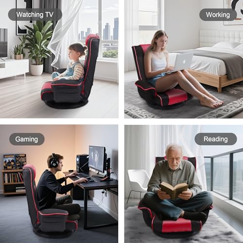Image of Swivel Floor Chairs for Adults, Floor Gaming Chair with Extra Wide Arms, Back Support 14 Angles Adjustable Comfortable Double Mesh Fabric Lazy Sofa for Video Game Chairs 201 (Black+Red)
