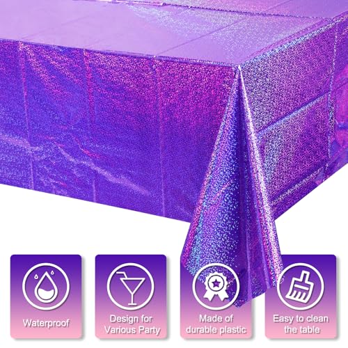 Image of FunnyPars 3 Pack Iridescent Pink Purple and Blue Kpop Plastic Tablecloths, Disposable Rectangle Table Covers, Holographic Metallic Foil Tablecloth Party Decorations for Kpop Birthday, 54x108 Inch