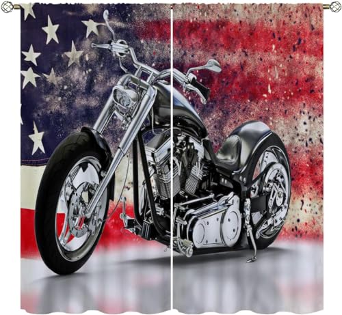 Motorcycle Blackout Curtains for Home Decor,custom black motorcycle american flag background Rod Pocket Thermal Insulated Drapes Darkening Window Curtain for Girls Boy Bedroom Living Room 42 x 63 Inch