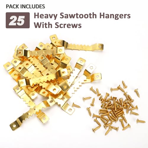 Image of 25 Pack Thick Sawtooth Picture Hangers Heavy Duty, Supports 66 lbs, Thickened Sawtooth Hangers for Hanging Heavy Canvas Photos Frame Clock Paintings or Artwork (Gold，Supports 66 lbs)