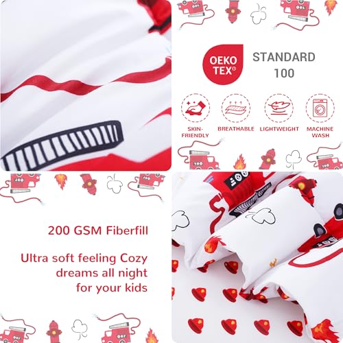 Image of Viviland Toddler Comforter Sets, 4 Pieces Bedding Sets, Fire Engine | Microfiber Truck Bed Set, Boys, Breathable & Soft, Comforter, Bed Sheet, Fitted Sheet and Pillowcase, Machine Washable