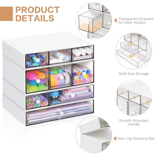 Desk Storage Organizer with 9 Drawers, 4 Tiers Stackable Desktop Craft Storage Drawers, Clear Storage Box Caddy for Stationary Makeup Jewelry Office Craft Supplies (White) - Image 5