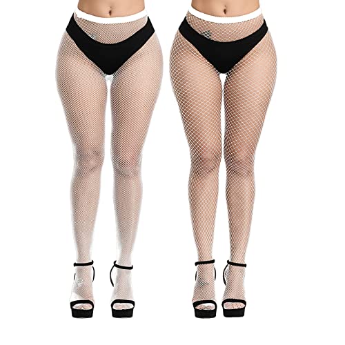 Image of EVERSWE High Waist Fishnet Tights, Thigh High Suspender Stockings (WHIT-SMin, LXL)