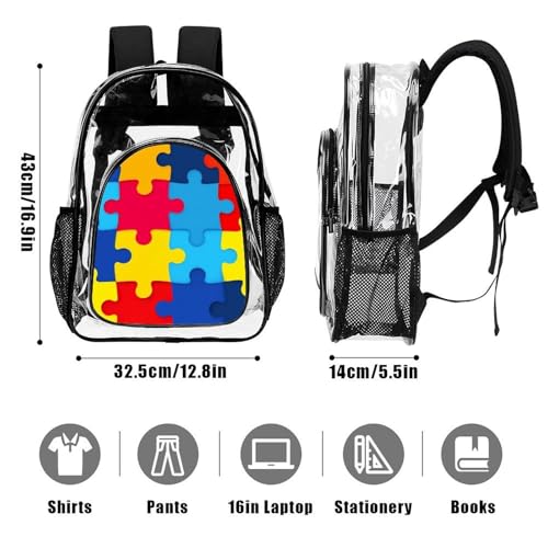 Water-Resistant Portable Transparent Backpacks with Side Mesh Pockets for Women and Men Casual Daily Use (Autism Awareness Colorful Puzzles)3