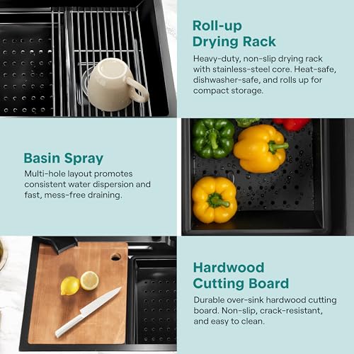 SereneLife Stainless Steel Kitchen Sink Black, Modern and Highly Durable Kitchen Sinks Includes Water Purifier Tap, Drain Rack, Cutting Board, Cup Washer & Basin Spray