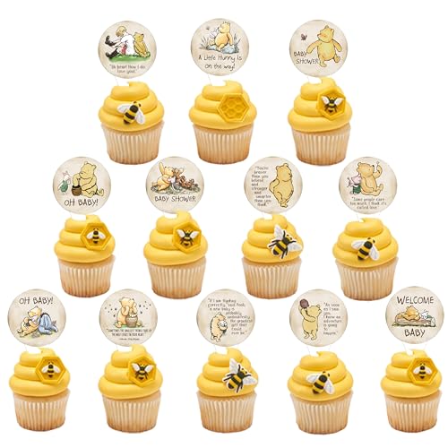 48Pcs Bear Themed Cupcake Toppers,Classic Winnie Stuff for Baby Shower/First Birthday Party Decorations
