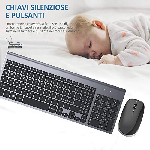 FENIFOX Tastiera e Mouse Wireless, Tastiera Wireless layout italiano Portatili Slim Ergonomico 2.4G USB kit tastiera e mouse per Windows/mac OS/PC/Tablet/Smart TV/PS4- Nero