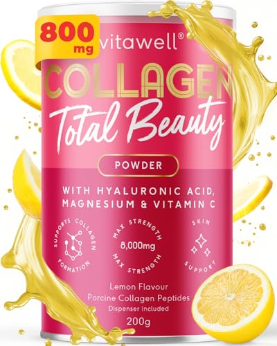 Vitawell Collagen Total Beauty Powder Supplement for Women | 8,000mg Hydrolysed Collagen Peptides Powder with Vitamin C + Magnesium + Hyaluronic Acid | Non-GMO 200g (Lemon Flavour)