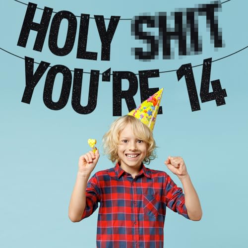 Image of Black Glitter Holy Shit You're 14 Banner, Happy 14th Birthday /Level 14 Unlocked, Funny 14th Birthday Party Decorations Supplies