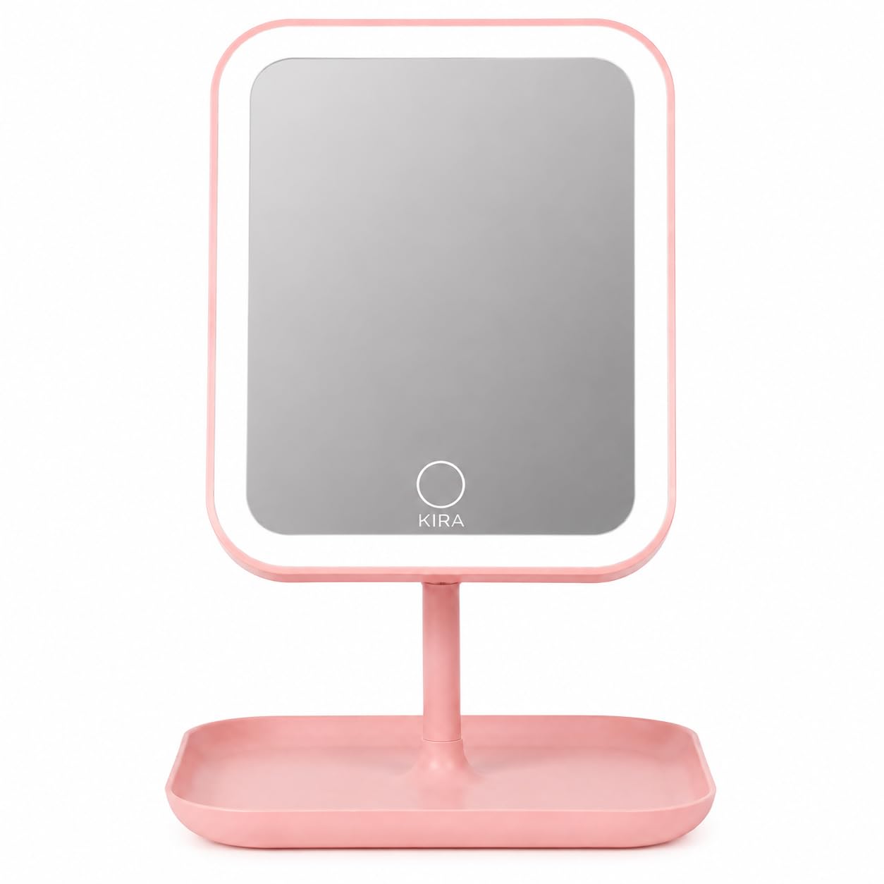 kira professional led makeup mirror with 3 colour light modes & stepless dimming, touch control, 0°–90° adjustable tabletop vanity mirror with storage tray, usb rechargeable, (pink, rectangular)