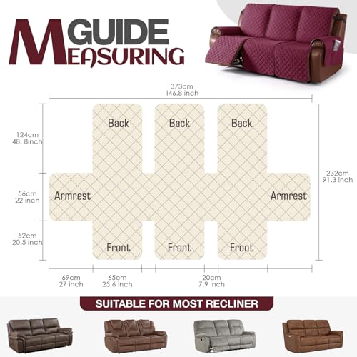 Image of KinCam Recliner Sofa Covers for 3 Seat, 100% Waterproof Reclining Couch Covers, Non-Slip Recliner Couch Cover Furniture Protector with Elastic Straps for Pets, Kids, Burgundy