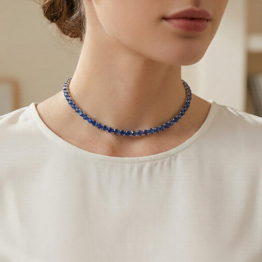 Blue Tennis Necklace for Women, Dainty Cubic Zirconia Choker Chain, Elegant Blue Jewelry Gift for Party or Daily Wear - Image 2