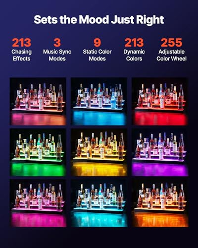 Image of VEVOR LED Lighted Liquor Bottle Display, 3 Tiers 30 inches, Acrylic Illuminated Home Bar Shelf Display with RF Remote & App Control, DIY Setup with Type-C Cables, 9 Static Colors, for 21-30 Bottles