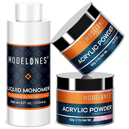 Modelones Professional Acrylic Powder Set Crystal Clear and Lovely Pink Acrylic Powder 2 oz Monomer Liquid 4 oz for Nail Extension Acrylic Nails MMA Free Liquid